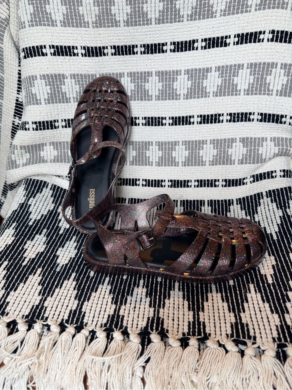 Melissa Glitter Jelly Fisherman Sandals - Black with Multicolor Sparkle, Size 8 - Picture 6 of 9